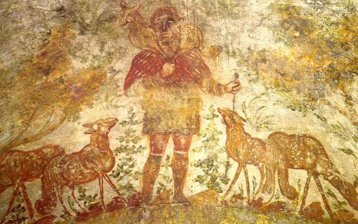 Väggmålning av Jesus som den gode herden (200–300 e.Kr.) i Domitillas katakomber i Rom. Väggmålning av Jesus som den gode herden (200–300 e.Kr.) i Domitillas katakomber i Rom.