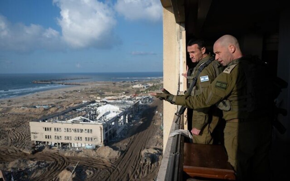 IDF Chief of Staff Lt. Gen. Herzi Halevi (left) meets with the chief of the Southern Command, Maj. Gen. Yaron Finkelman in northern Gaza, Feburary 6, 2024. (Israel Defense Forces) IDF Chief of Staff Lt. Gen. Herzi Halevi (left) meets with the chief of the Southern Command, Maj. Gen. Yaron Finkelman in northern Gaza, Feburary 6, 2024. (Israel Defense Forces)
