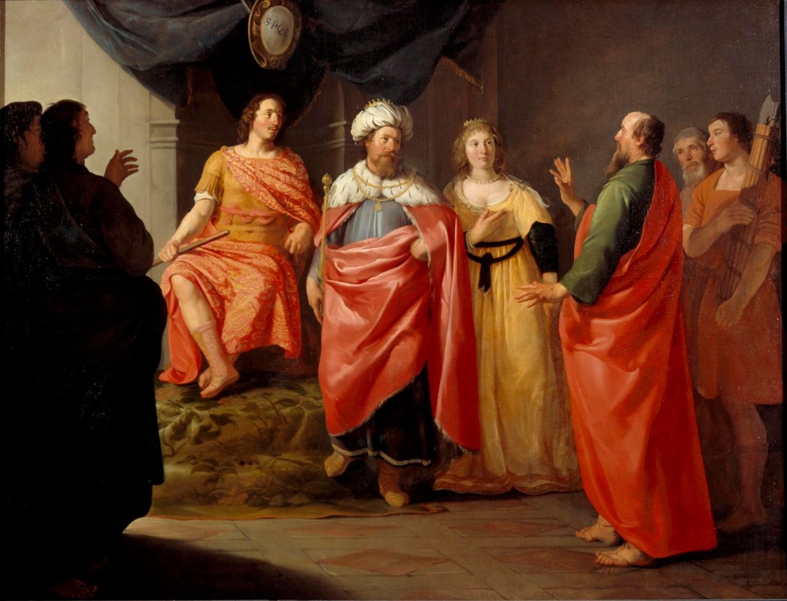 Hendrick Bloemaert (1601/02–1672), "Paulus framför Festus, kung Agrippa och drottning Berenike", Centraal Museum, Utrecht. Hendrick Bloemaert (1601/02–1672), "Paulus framför Festus, kung Agrippa och drottning Berenike", Centraal Museum, Utrecht.
