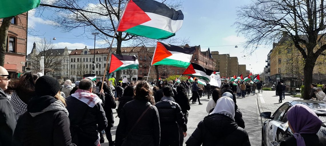 Pro-palestinsk demonstration i Malmö, 14 april 2023. Foto: Skärmdump Facebook Pro-palestinsk demonstration i Malmö, 14 april 2023. Foto: Skärmdump Facebook
