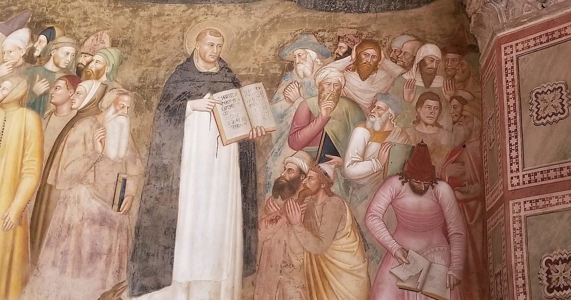 Andrea di Bonaiuto (1319–1377), Thomas av Aquino som predikar för de otrogna (1365-67), fresk på väggen av det spanska kapellet i klostret i Church of Church Santa Maria di Novella i Florens. Foto: Christian Skaug Andrea di Bonaiuto (1319–1377), Thomas av Aquino som predikar för de otrogna (1365-67), fresk på väggen av det spanska kapellet i klostret i Church of Church Santa Maria di Novella i Florens. Foto: Christian Skaug