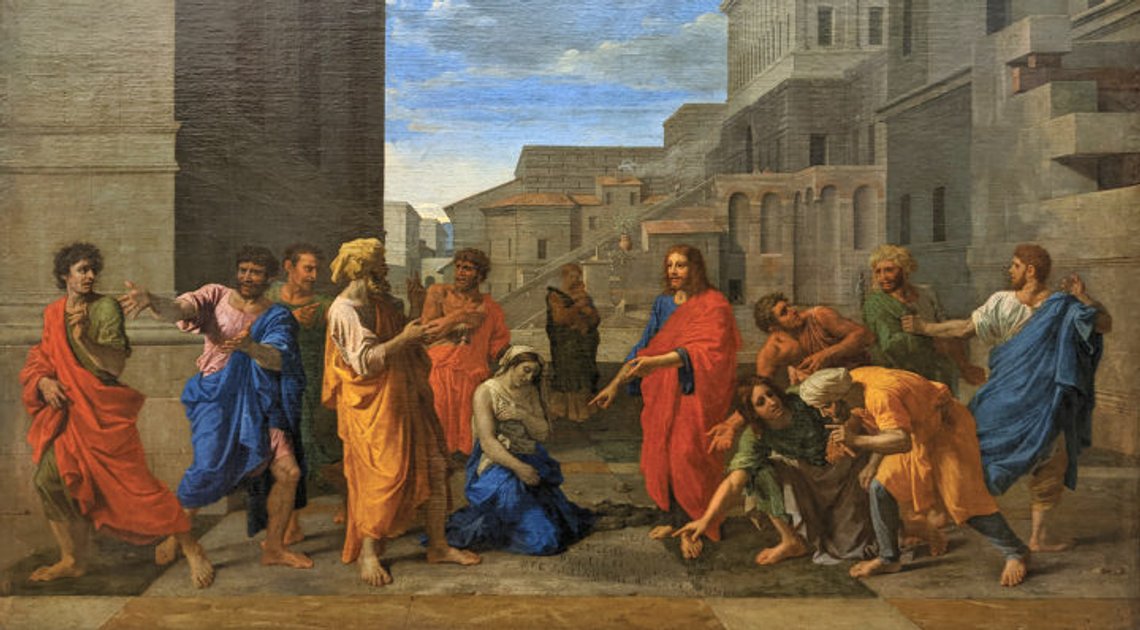 Nicolas Poussin (1594–1665), "Jesus och kvinnan som tas i äktenskapsbrott", Louvren, Paris. Nicolas Poussin (1594–1665), "Jesus och kvinnan som tas i äktenskapsbrott", Louvren, Paris.