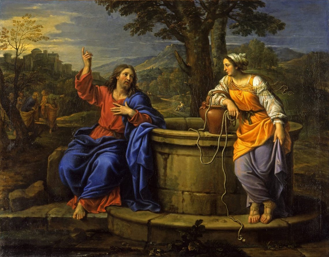 Pierre Mignard I (1612–1695), ”Kristus och den samariska kvinnan” (efter Johannes 4:4–29), North Carolina Museum of Art, Raleigh. Pierre Mignard I (1612–1695), ”Kristus och den samariska kvinnan” (efter Johannes 4:4–29), North Carolina Museum of Art, Raleigh.
