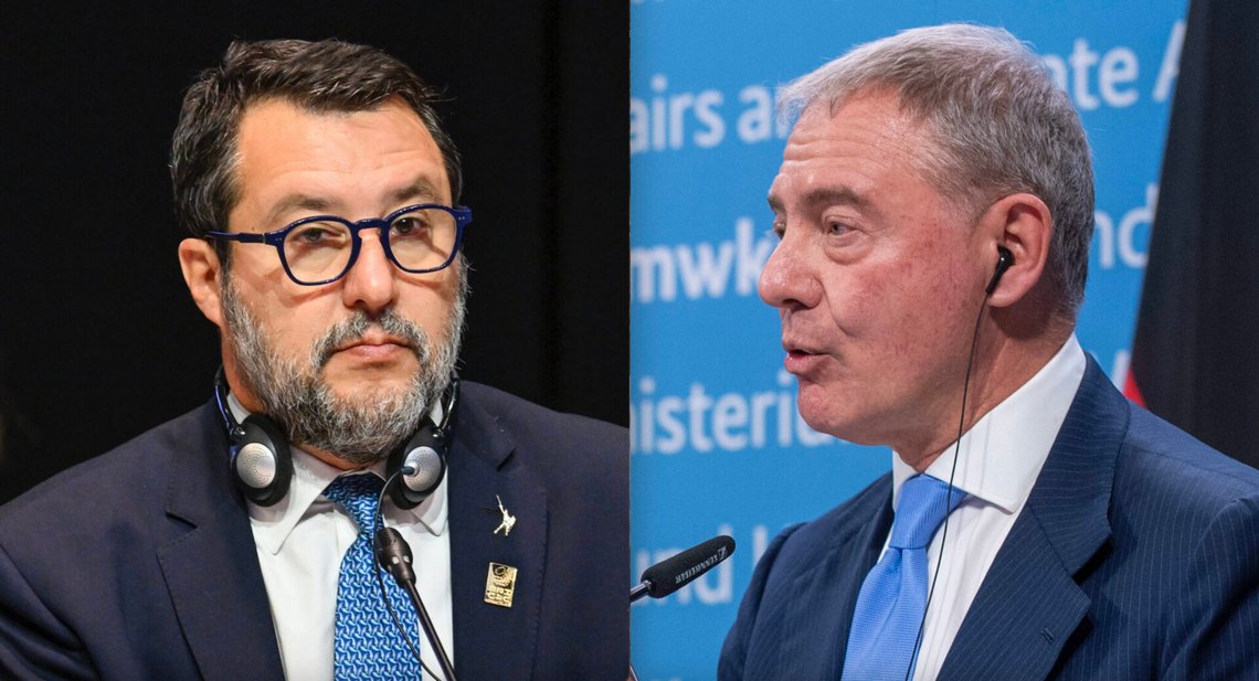 Matteo Salvini och Adolfo Urso. Foto: Tibor Illyes / MTI och Christophe Gateau / DPA – båda via AP Photo / NTB Matteo Salvini och Adolfo Urso. Foto: Tibor Illyes / MTI och Christophe Gateau / DPA – båda via AP Photo / NTB