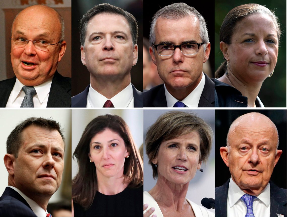 Överst: Tidigare CIA-chefen Michael Hayden, tidigare FBI-direktören James Comey, tidigare tillförordnade FBI-direktören Andrew McCabe och tidigare nationell säkerhetsrådgivare Susan Rice. Nederst: Tidigare biträdande FBI-direktör Peter Strzok, tidigare FBI-advokat Lisa Page, tidigare biträdande justitieminister Sally Yates och tidigare chef för National Intelligence James Clapper. I augusti 2018 övervägde president Donald Trump att återkalla säkerhetstillståndet för samtliga. Foto: AP Photo / NTB. Överst: Tidigare CIA-chefen Michael Hayden, tidigare FBI-direktören James Comey, tidigare tillförordnade FBI-direktören Andrew McCabe och tidigare nationell säkerhetsrådgivare Susan Rice. Nederst: Tidigare biträdande FBI-direktör Peter Strzok, tidigare FBI-advokat Lisa Page, tidigare biträdande justitieminister Sally Yates och tidigare chef för National Intelligence James Clapper. I augusti 2018 övervägde president Donald Trump att återkalla säkerhetstillståndet för samtliga. Foto: AP Photo / NTB.