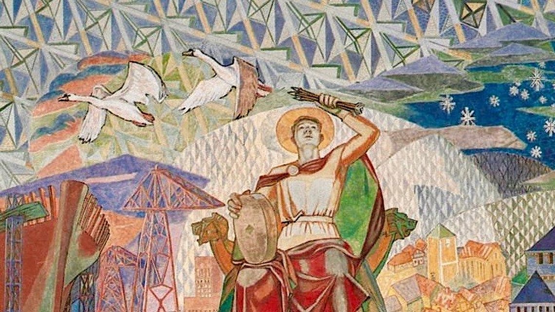 Detalj från Alf Rolfsens (1895–1979) fresk av St. Hallvard i Oslos rådhus. Foto: katolks.no / Facebook. Detalj från Alf Rolfsens (1895–1979) fresk av St. Hallvard i Oslos rådhus. Foto: katolks.no / Facebook.