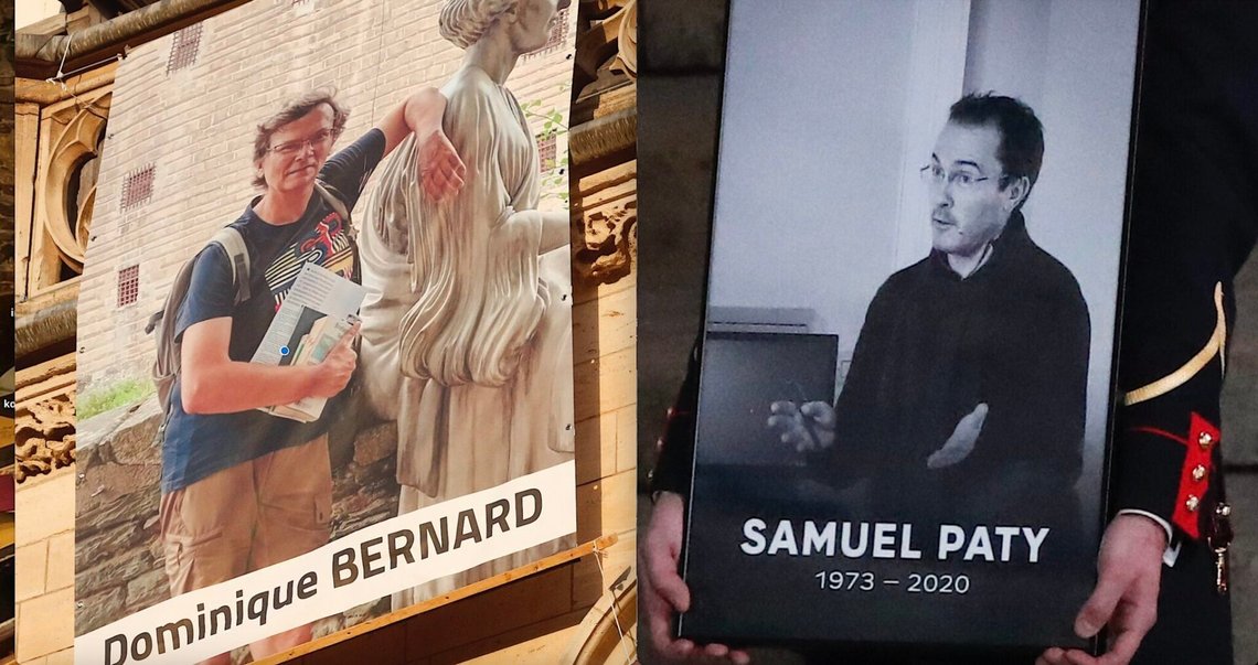 Affischer till minne av Dominique Bernard och Samuel Paty. Foto: Michel Spingler och Francois Mori – båda via AP Photo / NTB Affischer till minne av Dominique Bernard och Samuel Paty. Foto: Michel Spingler och Francois Mori – båda via AP Photo / NTB