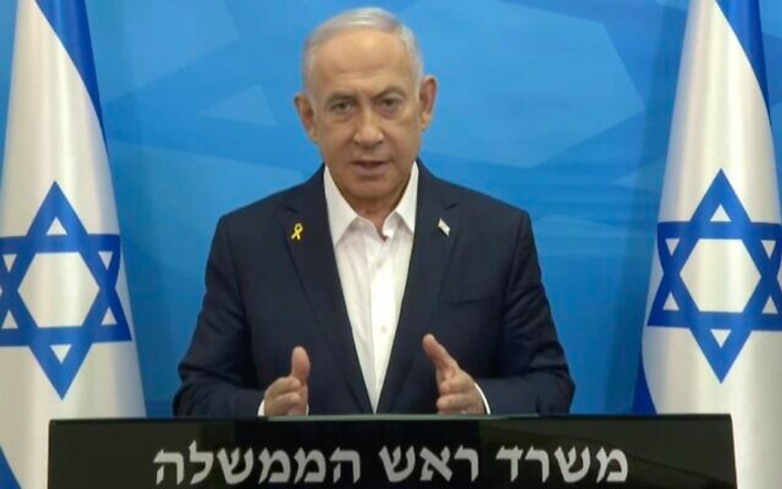 Israels premiärminister Benjamin Netanyahu under lördagens tal. Foto: Skärmdump video Telegram Israels premiärminister Benjamin Netanyahu under lördagens tal. Foto: Skärmdump video Telegram