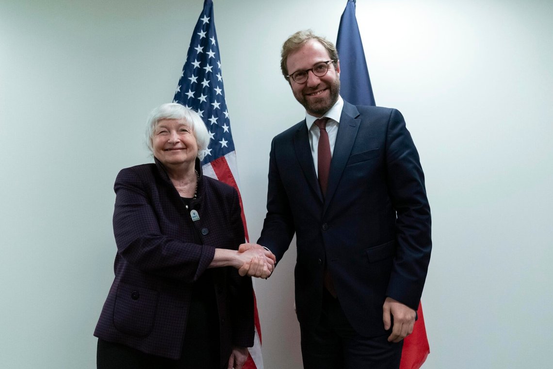 Secretary of the Treasury Janet Yellen, left, shakes hands with France's Finance Minister Antoine Armand before a bilateral meeting during the World Bank/IMF Annual Meetings in Washington, Friday, Oct. 25, 2024. (AP Photo/Jose Luis Magana) Secretary of the Treasury Janet Yellen, left, shakes hands with France's Finance Minister Antoine Armand before a bilateral meeting during the World Bank/IMF Annual Meetings in Washington, Friday, Oct. 25, 2024. (AP Photo/Jose Luis Magana)