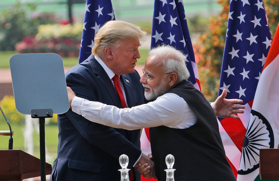 FILE - In this Feb. 25, 2020 file photo, U.S. President Donald Trump and Indian Prime Minister Narendra Modi embrace after giving a joint statement in New Delhi, India. Despite some friction over trade issues, the India-U.S. relationship has steadily strengthened in security and defense cooperation in the last four years. It has largely been defined by public displays of bonhomie between President Donald Trump and Indian Prime Minister Narendra Modi, both seen as populists. (AP Photo/Manish Swarup, File) FILE - In this Feb. 25, 2020 file photo, U.S. President Donald Trump and Indian Prime Minister Narendra Modi embrace after giving a joint statement in New Delhi, India. Despite some friction over trade issues, the India-U.S. relationship has steadily strengthened in security and defense cooperation in the last four years. It has largely been defined by public displays of bonhomie between President Donald Trump and Indian Prime Minister Narendra Modi, both seen as populists. (AP Photo/Manish Swarup, File)