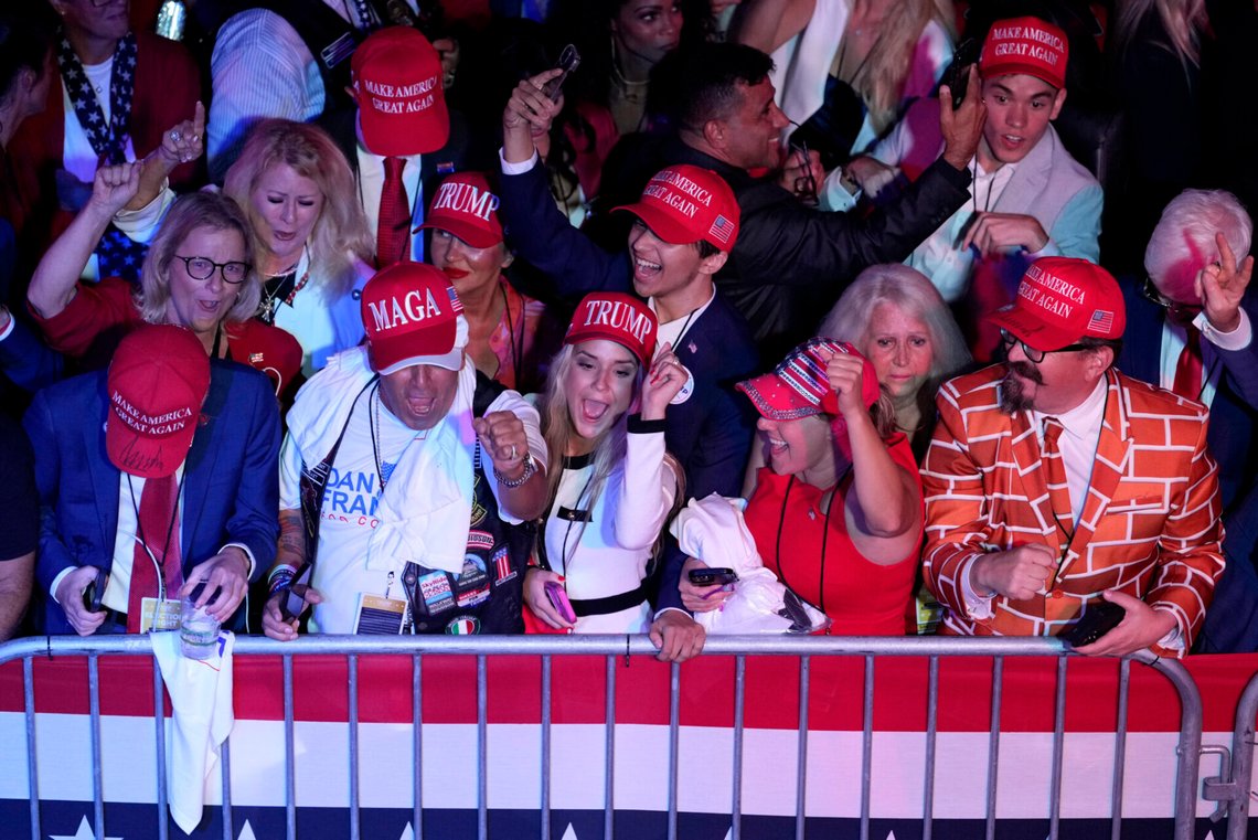 Anhängare till Donald Trump jublar under en valvaka i West Palm Beach, Florida, den 5 november 2024. Foto: Jeff Roberson / AP Photo / NTB Anhängare till Donald Trump jublar under en valvaka i West Palm Beach, Florida, den 5 november 2024. Foto: Jeff Roberson / AP Photo / NTB