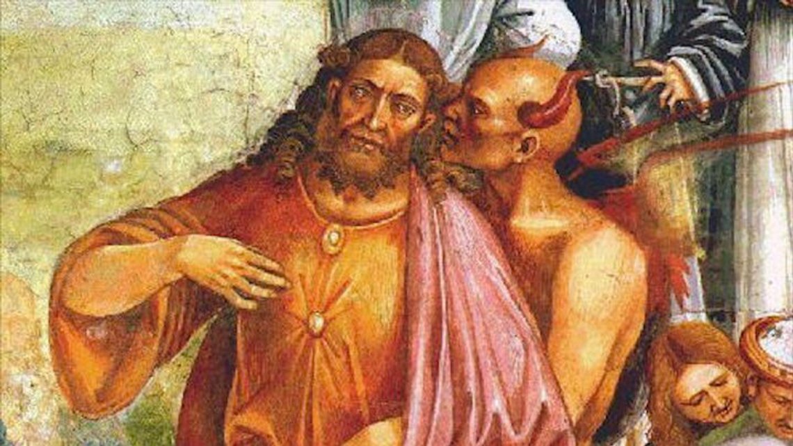 Luca Signorelli (1450–1523), Antikrist med djävulen, detalj från "Antikrists handlingar", fresk i katedralen i Orvieto. Luca Signorelli (1450–1523), Antikrist med djävulen, detalj från "Antikrists handlingar", fresk i katedralen i Orvieto.