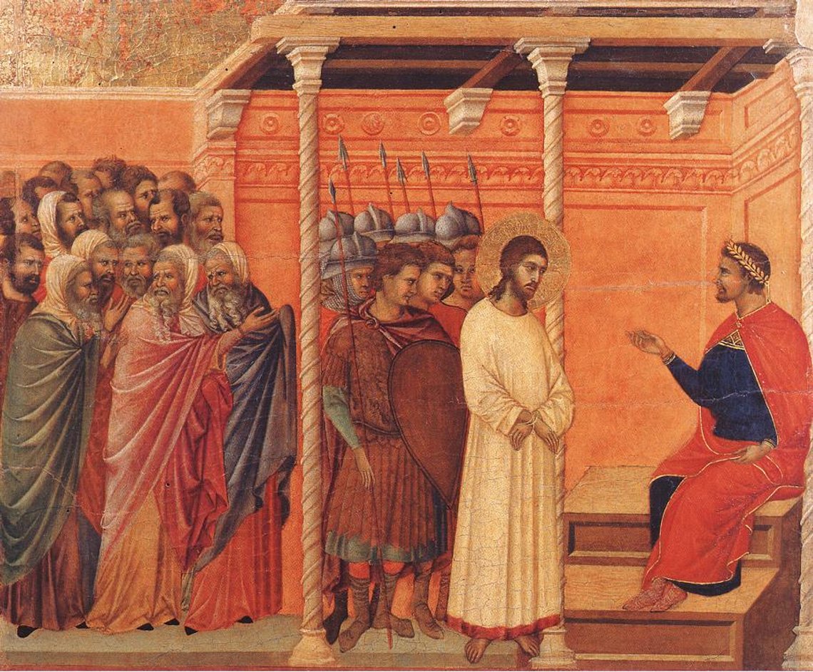 Duccio d Buoninsegna (ca 1255–1319), "Kristus före Pilatus", Sienas katedralmuseum. "Vad är sanningen?" frågar Pilatus utan att veta att han står precis framför honom. Duccio d Buoninsegna (ca 1255–1319), "Kristus före Pilatus", Sienas katedralmuseum. "Vad är sanningen?" frågar Pilatus utan att veta att han står precis framför honom.