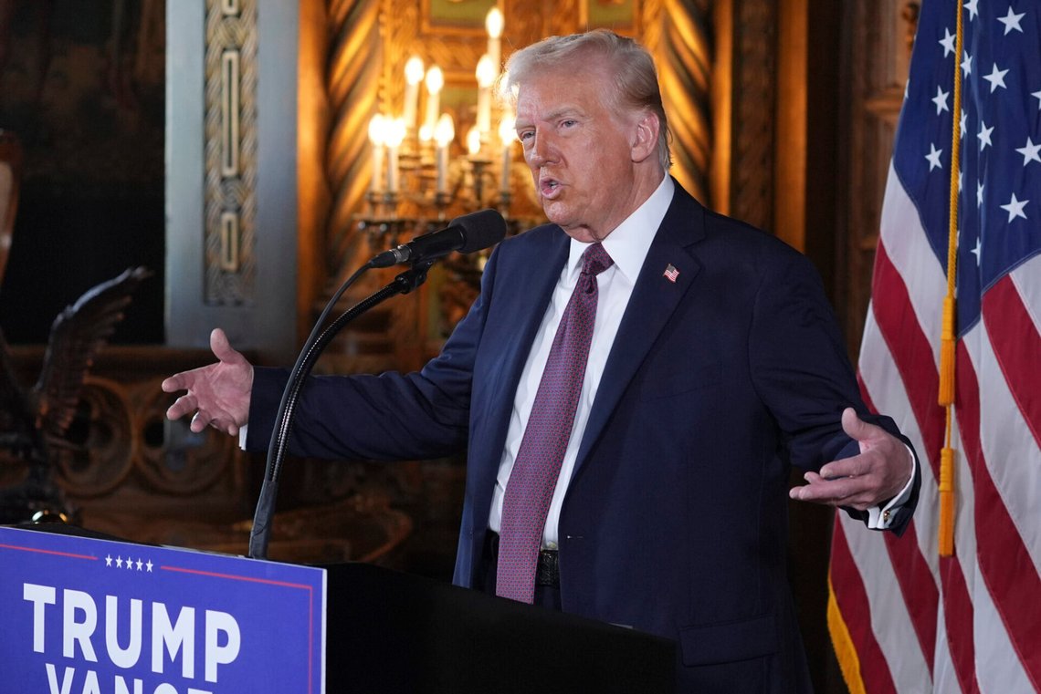 Donald Trump under en presskonferens i Mar-a-Lago den 7 januari. Foto: Evan Vucci / AP / NTB. Donald Trump under en presskonferens i Mar-a-Lago den 7 januari. Foto: Evan Vucci / AP / NTB.
