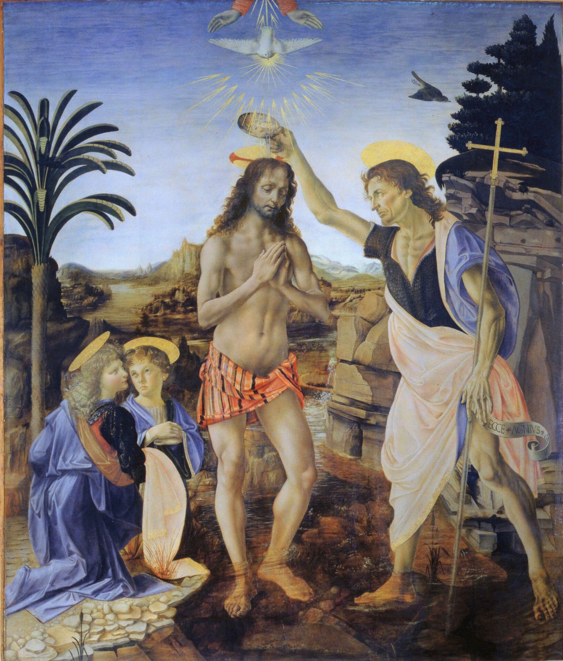 Leonardo da Vinci (1452–1519) og Andrea del Verrocchio (1435–1488), «Jesu dåp», Uffizi, Firenze. Leonardo da Vinci (1452–1519) og Andrea del Verrocchio (1435–1488), «Jesu dåp», Uffizi, Firenze.