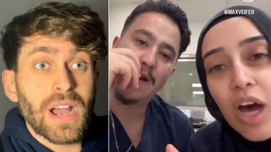 DÖDA: De muslimska sjuksköterskorna på ett sjukhus i Sydney, förklarade för den judiske influencern Max Veifer (till vänster) att de har dödat israeler, och kommer att göra det om israeliska patienter kommer in på sjukhuset där de arbetar. Foto: Skärmdump X DÖDA: De muslimska sjuksköterskorna på ett sjukhus i Sydney, förklarade för den judiske influencern Max Veifer (till vänster) att de har dödat israeler, och kommer att göra det om israeliska patienter kommer in på sjukhuset där de arbetar. Foto: Skärmdump X