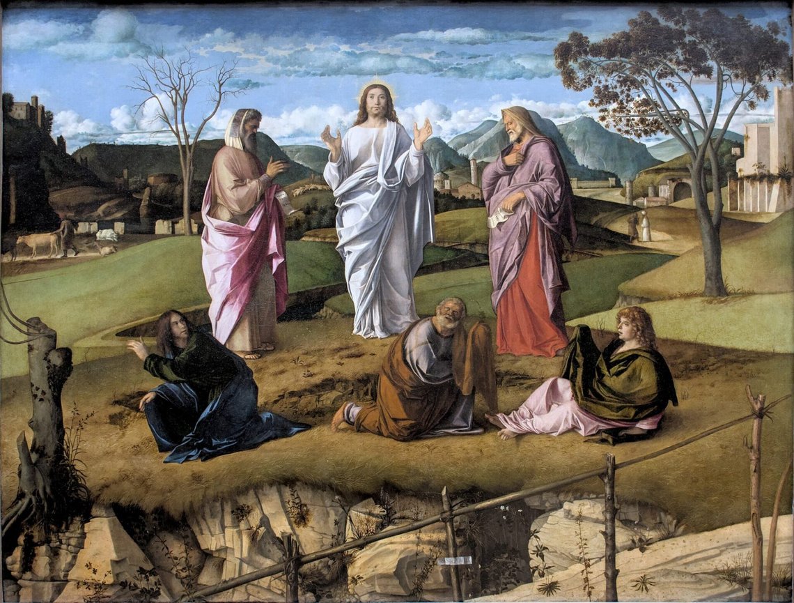 Giovanni Bellini (ca. 1430–1516), "Trasfigurazione di Cristo", Nationalmuseet i Capodimonte, Napoli. Giovanni Bellini (ca. 1430–1516), "Trasfigurazione di Cristo", Nationalmuseet i Capodimonte, Napoli.
