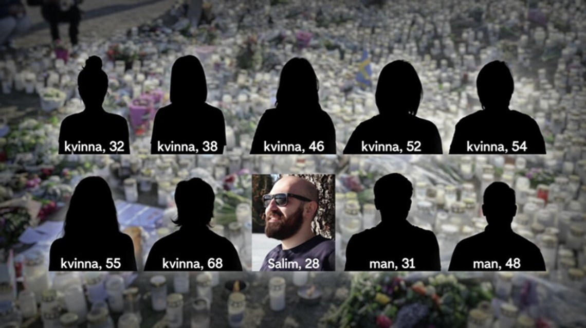 "Sju kvinnor och tre män". Så identifieras offren av TV4. Illustration: Skärmdump TV4 Nyheterna "Sju kvinnor och tre män". Så identifieras offren av TV4. Illustration: Skärmdump TV4 Nyheterna