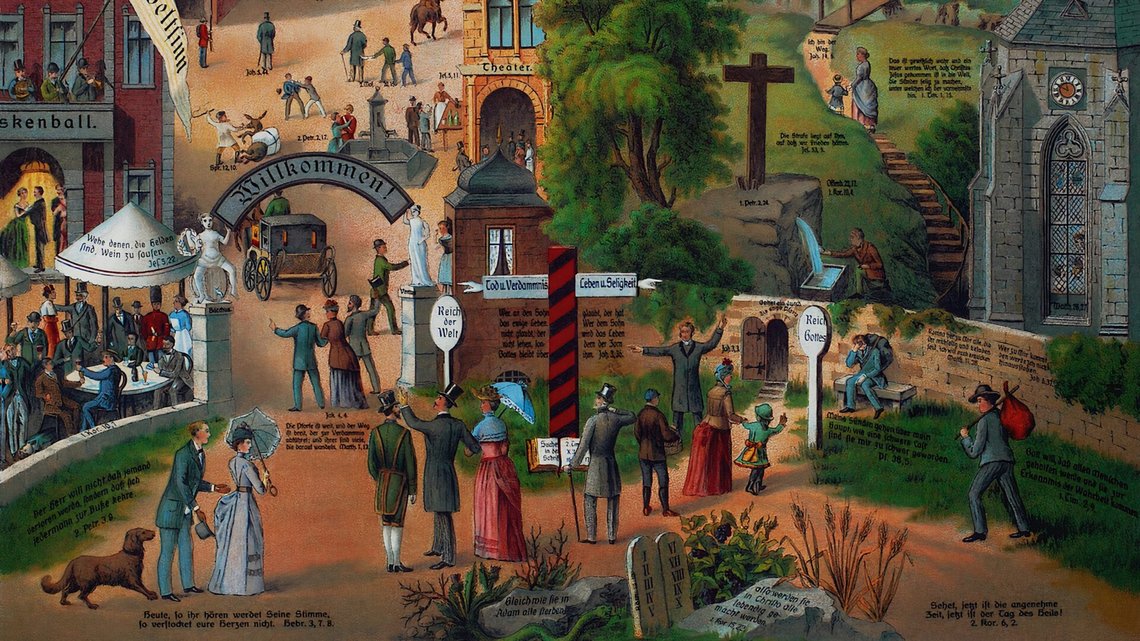 Modern upplaga av Paul Beckmanns (1846–1919) affischversion av Charlotte Reihlens (1805–1868) målning "Den breda vägen och den smala stigen". Modern upplaga av Paul Beckmanns (1846–1919) affischversion av Charlotte Reihlens (1805–1868) målning "Den breda vägen och den smala stigen".