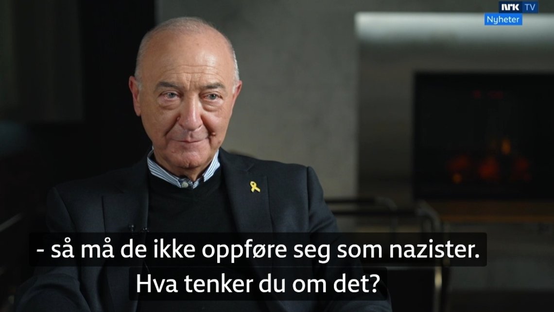 Ervin Kohn ogillade att man eventuellt jämförde Israel med nazister, utan sa helt enkelt att jämförelsen är fel. Skärmdump från NRK. Ervin Kohn ogillade att man eventuellt jämförde Israel med nazister, utan sa helt enkelt att jämförelsen är fel. Skärmdump från NRK.