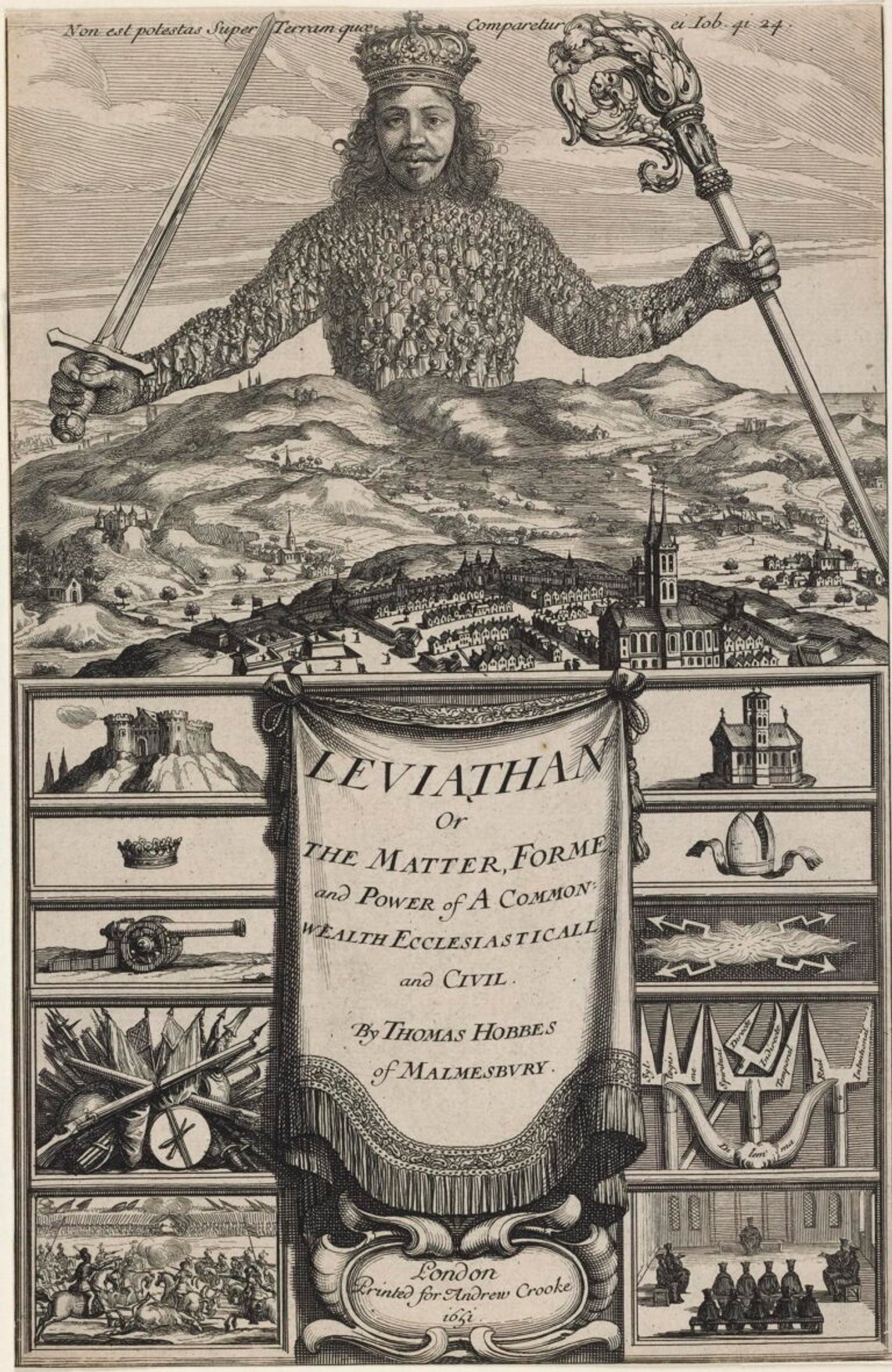 Abraham Bosse (1604–1676), titelsidan till Thomas Hobbes (1588–1679) bok "Leviathan eller ett kyrkligt och borgerligt samväldes materia, form och makt" (1651). Hobbes verk är en filosofisk begrundan av legitim regering. Den skrevs med stater i åtanke, men har sedan dess inspirerat tankar om internationell ordning. Abraham Bosse (1604–1676), titelsidan till Thomas Hobbes (1588–1679) bok "Leviathan eller ett kyrkligt och borgerligt samväldes materia, form och makt" (1651). Hobbes verk är en filosofisk begrundan av legitim regering. Den skrevs med stater i åtanke, men har sedan dess inspirerat tankar om internationell ordning.