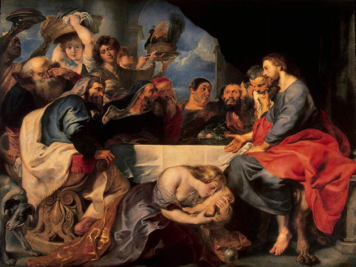Peter Paul Rubens (1577–1640), "Festmåltiden i fariséen Simons hus" (Maria smörjer Jesu fötter), Eremitaget, Sankt Petersburg. Peter Paul Rubens (1577–1640), "Festmåltiden i fariséen Simons hus" (Maria smörjer Jesu fötter), Eremitaget, Sankt Petersburg.