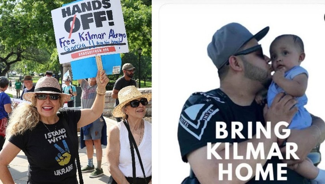 Vänstra bilden: Austin, Texas – 1 maj 2025, demonstration för Kilmar Abrego Garcia. Foto: Shutterstock av Philip Arno Photography. Högra bilden: Skärmdump från X. Den misstänkte människosmugglaren Kilmar Abrego Garica kysser sin son. Vänstra bilden: Austin, Texas – 1 maj 2025, demonstration för Kilmar Abrego Garcia. Foto: Shutterstock av Philip Arno Photography. Högra bilden: Skärmdump från X. Den misstänkte människosmugglaren Kilmar Abrego Garica kysser sin son.