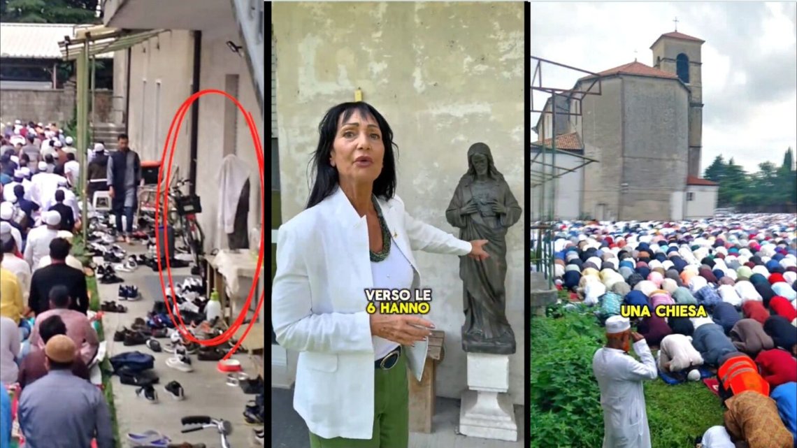 Jesus täcktes över när tusentals muslimer fick använda en italiensk kyrka för islamiska firanden den 6 juni 2025. Den italienska politikern Anna Maria Cisint är rasande. Foto: Skärmdump från X. Jesus täcktes över när tusentals muslimer fick använda en italiensk kyrka för islamiska firanden den 6 juni 2025. Den italienska politikern Anna Maria Cisint är rasande. Foto: Skärmdump från X.