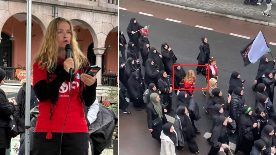 FOR-partiets ledare Marielle Leraand höll ett tal där hon vädjade till muslimer efter att ha marscherat i Ashura-processionen. Foto: Facebook FOR-partiets ledare Marielle Leraand höll ett tal där hon vädjade till muslimer efter att ha marscherat i Ashura-processionen. Foto: Facebook