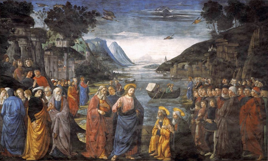 Domenico Ghirlandaio (1448–1494), "Jesus kallar de första lärjungarna", fresk i Sixtinska kapellet, Vatikanen. Domenico Ghirlandaio (1448–1494), "Jesus kallar de första lärjungarna", fresk i Sixtinska kapellet, Vatikanen.