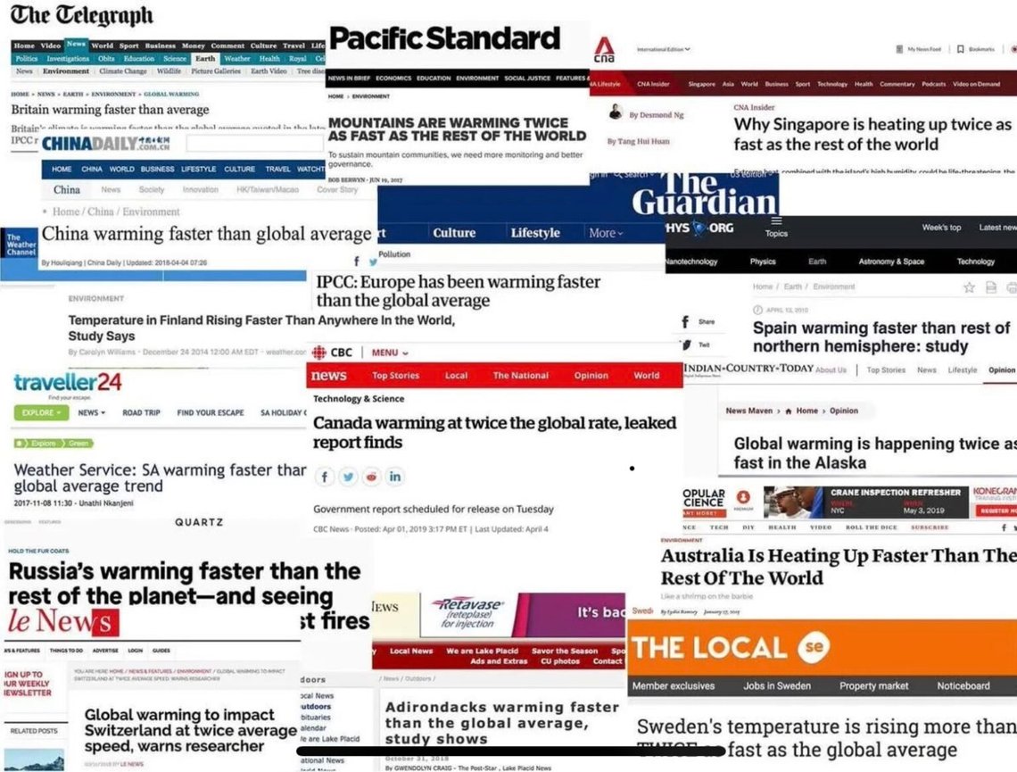 Vanliga medier rapporterar dagligen att en plats värms upp mycket snabbare än alla andra. Detta skapar en kraftfull propagandaeffekt, men när man sätter rubrikerna i sitt sammanhang blir det bara löjligt och avslöjande. Foto: Skärmdump från Twitter Vanliga medier rapporterar dagligen att en plats värms upp mycket snabbare än alla andra. Detta skapar en kraftfull propagandaeffekt, men när man sätter rubrikerna i sitt sammanhang blir det bara löjligt och avslöjande. Foto: Skärmdump från Twitter
