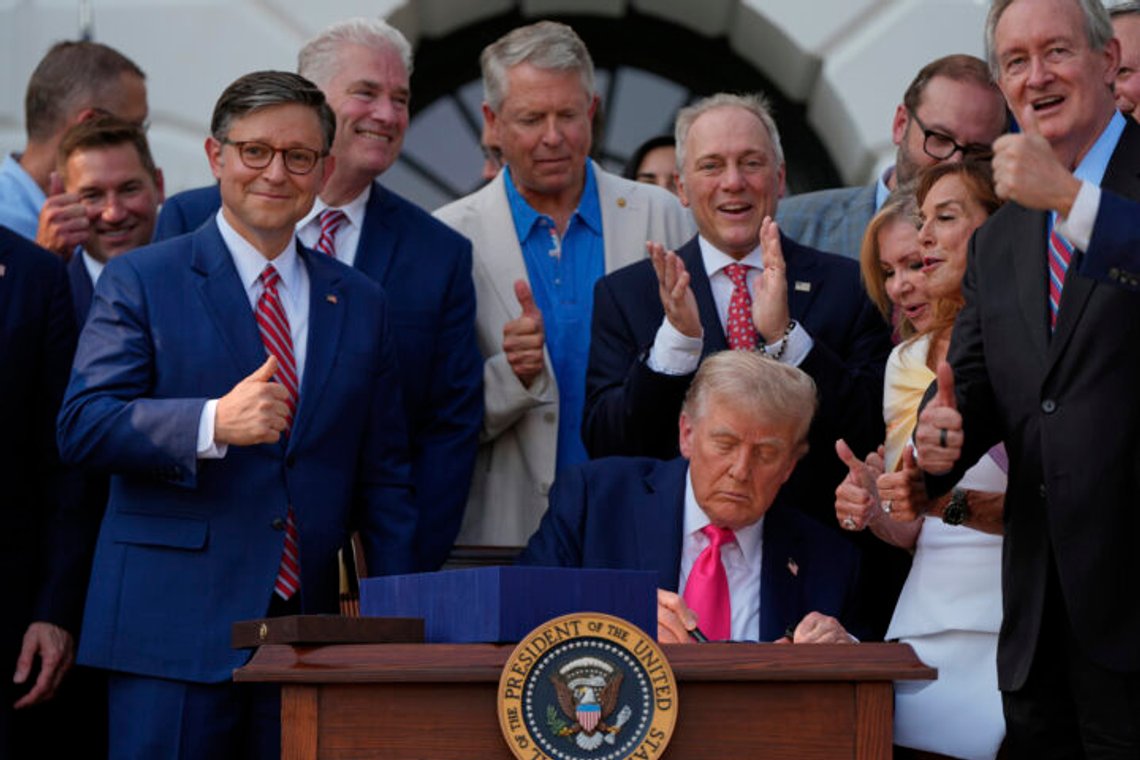 President Donald Trump signs his signature bill of tax breaks and spending cuts at the White House, Friday, July 4, 2025, in Washington, surrounded by members of Congress. (AP Photo/Julia Demaree Nikhinson) President Donald Trump signs his signature bill of tax breaks and spending cuts at the White House, Friday, July 4, 2025, in Washington, surrounded by members of Congress. (AP Photo/Julia Demaree Nikhinson)