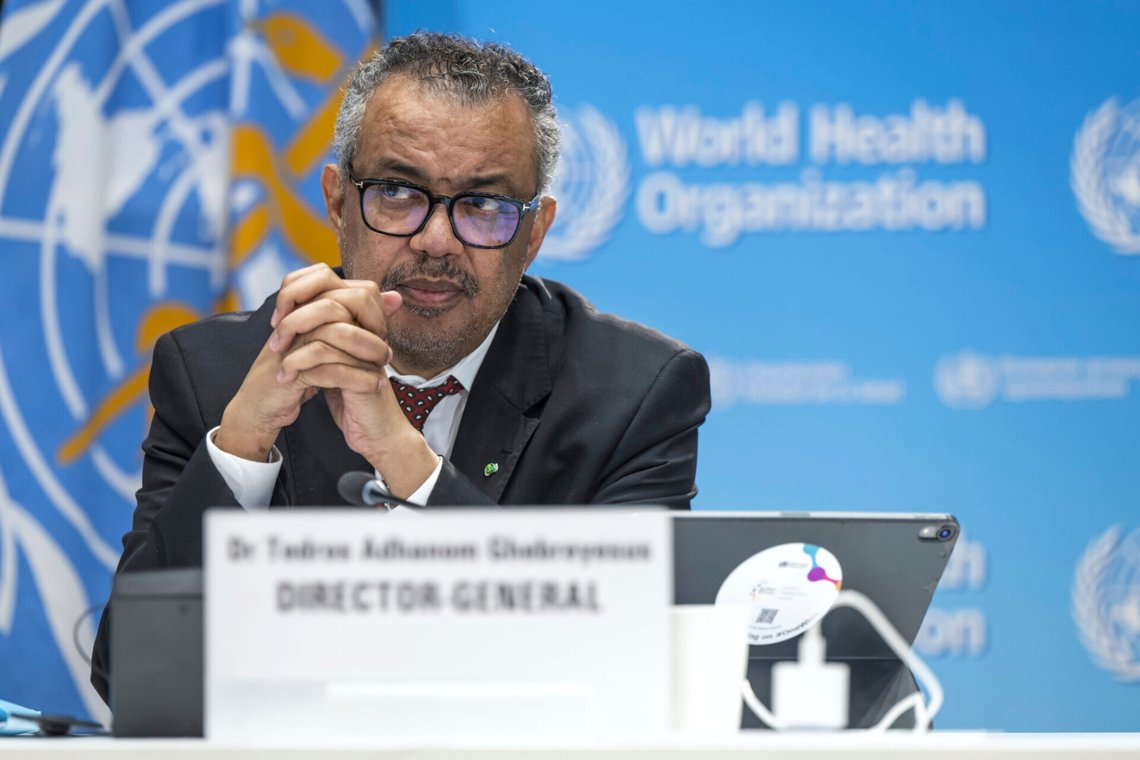 WHO:s generaldirektör Tedros Adhanom Ghebreyesus under en presskonferens vid WHO:s högkvarter i Genève den 6 april 2023. Foto: Martial Trezzini / Keystone via AP / NTB. WHO:s generaldirektör Tedros Adhanom Ghebreyesus under en presskonferens vid WHO:s högkvarter i Genève den 6 april 2023. Foto: Martial Trezzini / Keystone via AP / NTB.