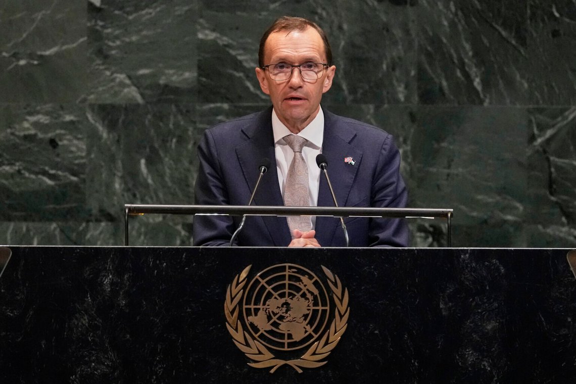 Norges utrikesminister Espen Barth Eide talar till FN:s generalförsamling, 28 juli 2025. Foto: Richard Drew/AP Photo Norges utrikesminister Espen Barth Eide talar till FN:s generalförsamling, 28 juli 2025. Foto: Richard Drew/AP Photo