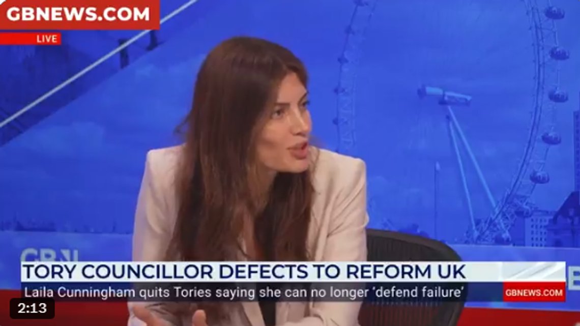 Laila Cunningham tillkännagav sin övergång från det konservativa partiet till Reform UK i juni. Här förklarar hon beslutet för GB News. Foto: Skärmdump video GB News Laila Cunningham tillkännagav sin övergång från det konservativa partiet till Reform UK i juni. Här förklarar hon beslutet för GB News. Foto: Skärmdump video GB News