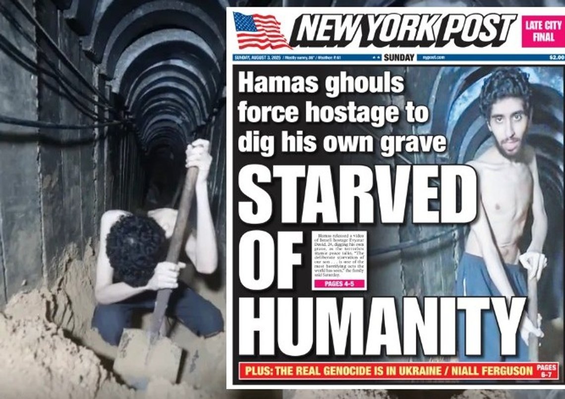 Skärmdump från Hamas-video. Förstasidan, New York Post: ”Hamas tvingade den utmärglade israeliske gisslan Evyatar David att gräva sin egen grav i en sjuk ny propagandavideo.” Skärmdump från Hamas-video. Förstasidan, New York Post: ”Hamas tvingade den utmärglade israeliske gisslan Evyatar David att gräva sin egen grav i en sjuk ny propagandavideo.”
