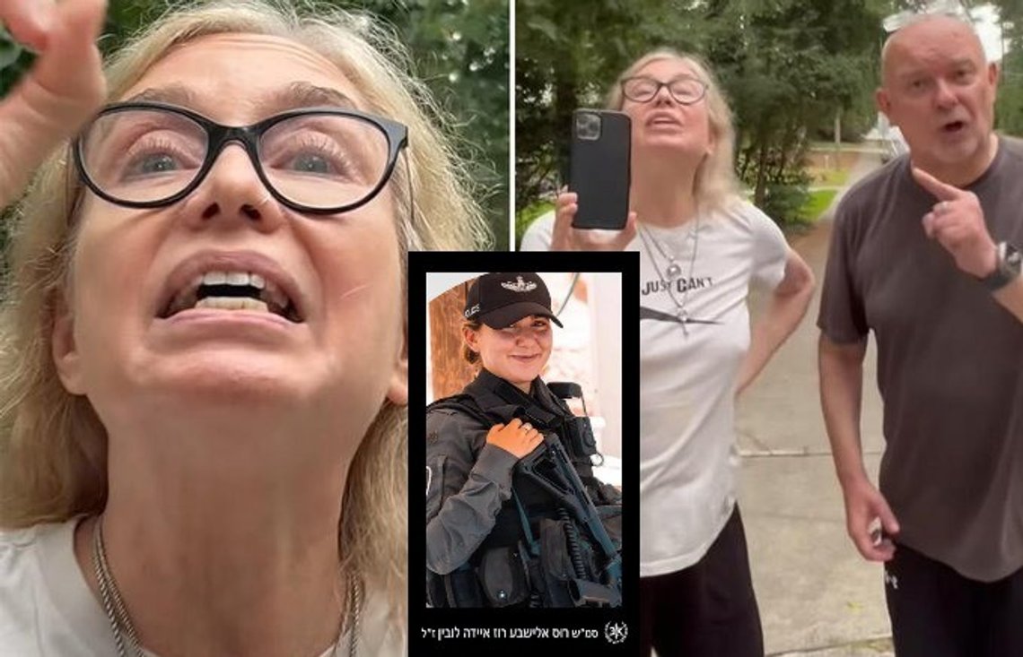 Skärmdump X. Mark och Anna Bouyzk trakasserade judiska grannar. Infälld bild: Sergeant Elisheva Rose Ida Lubin, 20, dödades av en 16-årig terrorist under en patrull i Jerusalem. Skärmdump X. Mark och Anna Bouyzk trakasserade judiska grannar. Infälld bild: Sergeant Elisheva Rose Ida Lubin, 20, dödades av en 16-årig terrorist under en patrull i Jerusalem.