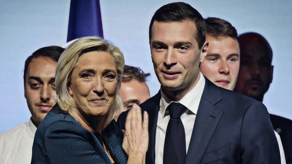 Marine Le Pen och Jordan Bardella, Rassemblement Nationals obestridda ledarduo. Foto: Skärmdump X Marine Le Pen och Jordan Bardella, Rassemblement Nationals obestridda ledarduo. Foto: Skärmdump X