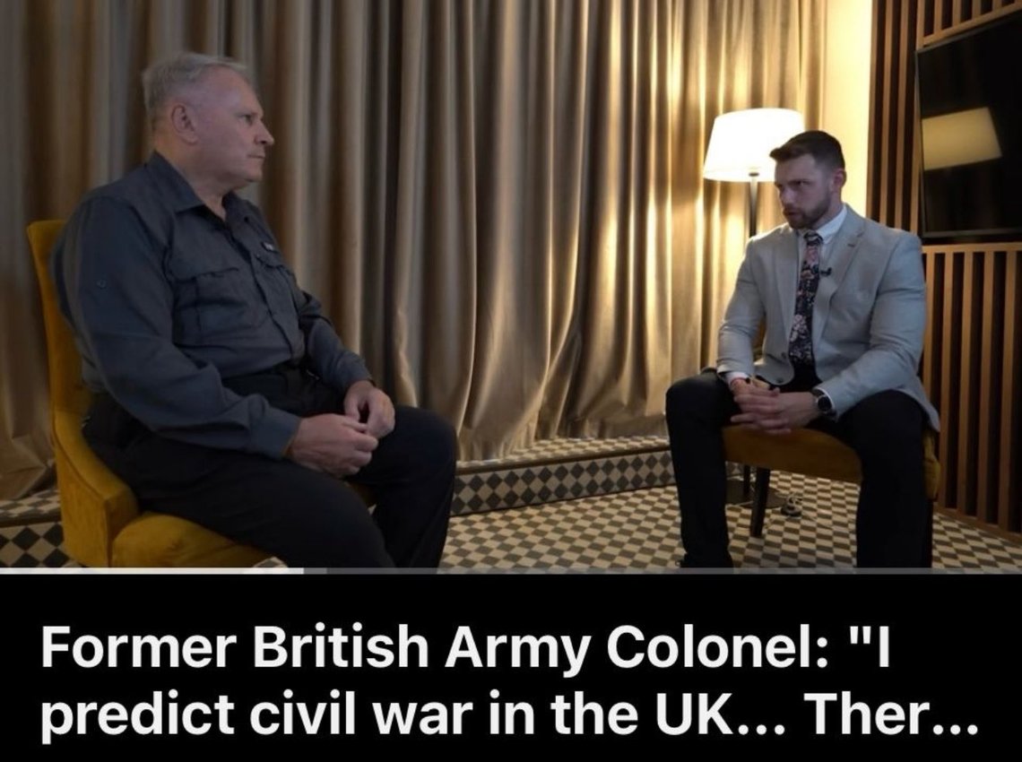 Överste Richard Kemp intervjuas i Conor Tomlinsons podcast. Kamp förutspår inbördeskrig, precis som David Bets. Foto: Skärmdump video Överste Richard Kemp intervjuas i Conor Tomlinsons podcast. Kamp förutspår inbördeskrig, precis som David Bets. Foto: Skärmdump video
