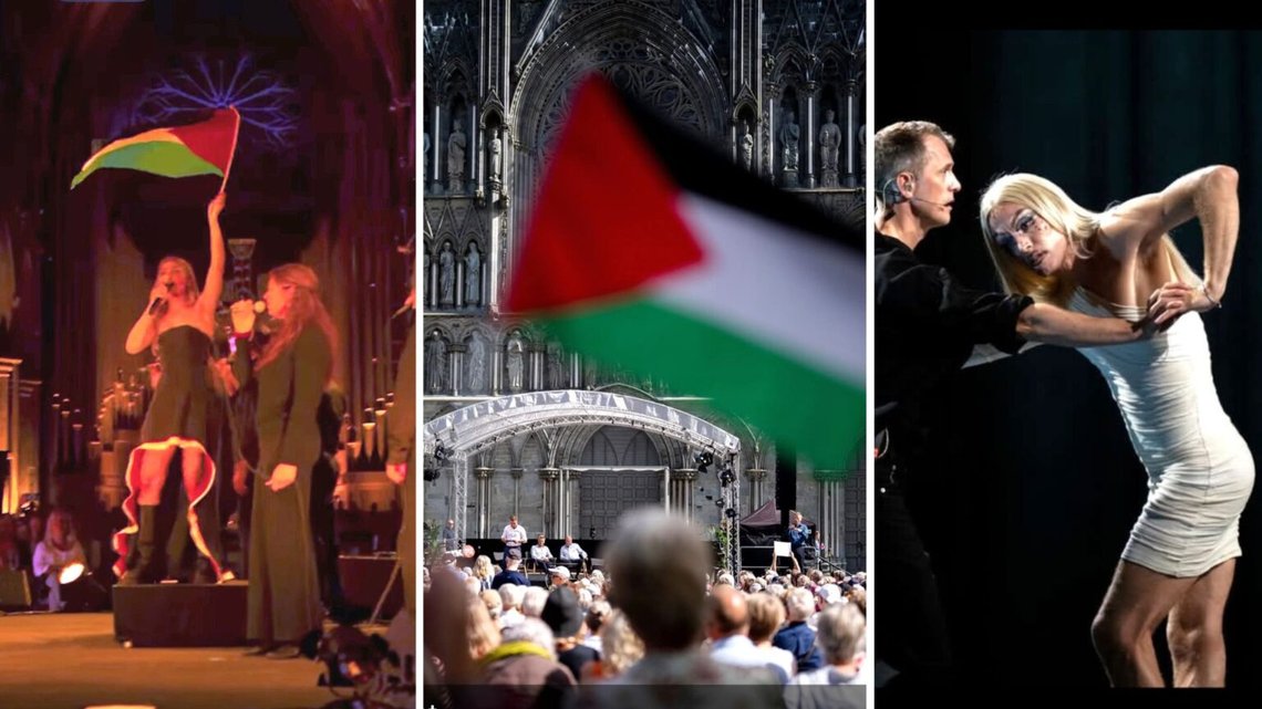 Nidarosdomen användes för klockringningen för Gaza, och det var aktionism och vaka under årets Olavsfest. Ella Marie viftade med en palestinsk flagga i domkyrkan, vilket var karaktäristiskt för Vestfrontmøtet, medan Nils Bech uppträdde tillsammans med dansaren Silas Henriksen i Nidarosdomen. Foto: Skärmdumpar från Olavsfest på Facebook. Nidarosdomen användes för klockringningen för Gaza, och det var aktionism och vaka under årets Olavsfest. Ella Marie viftade med en palestinsk flagga i domkyrkan, vilket var karaktäristiskt för Vestfrontmøtet, medan Nils Bech uppträdde tillsammans med dansaren Silas Henriksen i Nidarosdomen. Foto: Skärmdumpar från Olavsfest på Facebook.