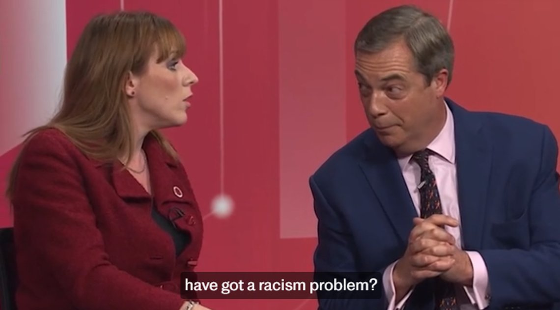 Angela Rayner från Labour anklagar Nigel Farage för rasism. Foto: Skärmdump vieo The Telegraph. Angela Rayner från Labour anklagar Nigel Farage för rasism. Foto: Skärmdump vieo The Telegraph.