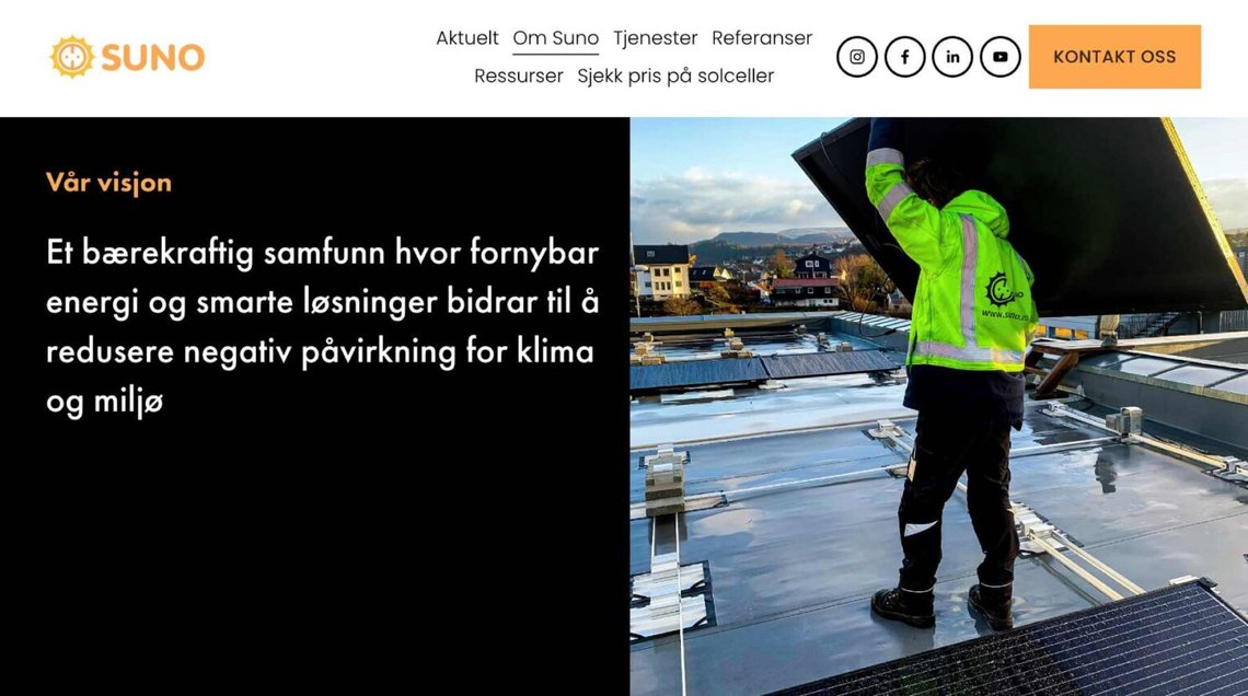 Trots sin vision överlevde inte Suno Installasjon AS kollapsen på solcellsmarknaden. Foto: Skärmdump från företagets webbplats. Trots sin vision överlevde inte Suno Installasjon AS kollapsen på solcellsmarknaden. Foto: Skärmdump från företagets webbplats.