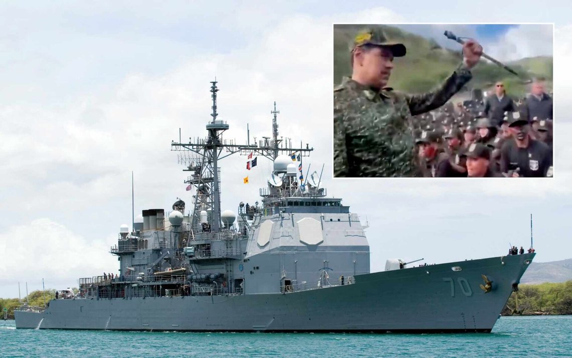 Den styrda missilkryssaren USS Lake Erie. Bild i bild: Venezuelas president Nicolás Maduro i en nyligen publicerad video från statlig television. Foto: Paul D. Honnick/U.S. Navy och stillbild från video via AP/X. Den styrda missilkryssaren USS Lake Erie. Bild i bild: Venezuelas president Nicolás Maduro i en nyligen publicerad video från statlig television. Foto: Paul D. Honnick/U.S. Navy och stillbild från video via AP/X.