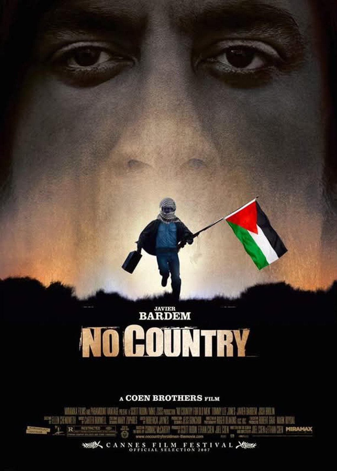Illustration: Bearbetad bild av filmaffischen för "No Country for Old Men" från 2007. Skådespelaren Javier Bardem, som hade en av rollerna, har på senare tid gjort sig känd som en stark förkämpe för den pro-palestinska saken. Illustration: Bearbetad bild av filmaffischen för "No Country for Old Men" från 2007. Skådespelaren Javier Bardem, som hade en av rollerna, har på senare tid gjort sig känd som en stark förkämpe för den pro-palestinska saken.