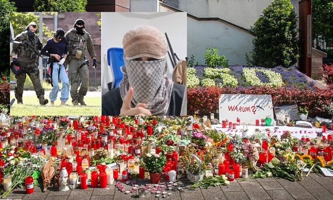 Blommor och ljus nedlagda efter knivattacken i Solingen, 27 augusti 2024. Wikimedia. Infälld bild: Issan al Hassan, terroristen från Solingen, förs bort från en polishelikopter i Karlsruhe den 25 augusti 2024. Hassan i en IS-propagandavideo. Foto: Skärmdumpar X. Blommor och ljus nedlagda efter knivattacken i Solingen, 27 augusti 2024. Wikimedia. Infälld bild: Issan al Hassan, terroristen från Solingen, förs bort från en polishelikopter i Karlsruhe den 25 augusti 2024. Hassan i en IS-propagandavideo. Foto: Skärmdumpar X.