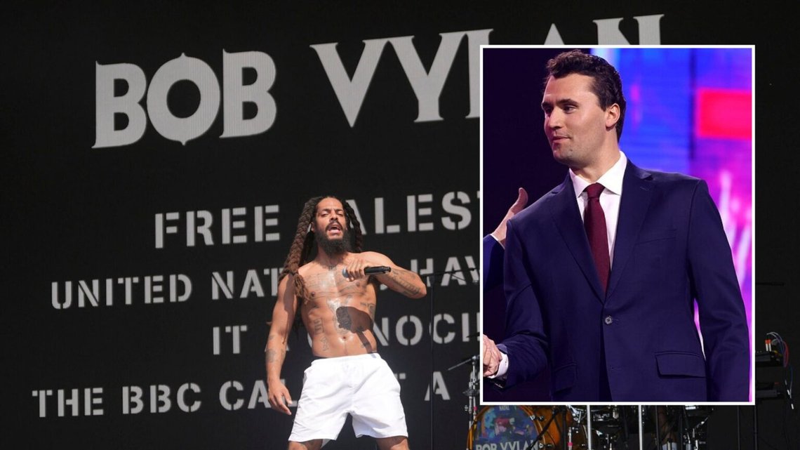 – Vila i frid, Charlie Kirk, ditt rövhål, sa rapduon Bob Vylan från scenen i Amsterdam. Foto: Yui Mok/PA via AP/NTB, Wikimedia. – Vila i frid, Charlie Kirk, ditt rövhål, sa rapduon Bob Vylan från scenen i Amsterdam. Foto: Yui Mok/PA via AP/NTB, Wikimedia.
