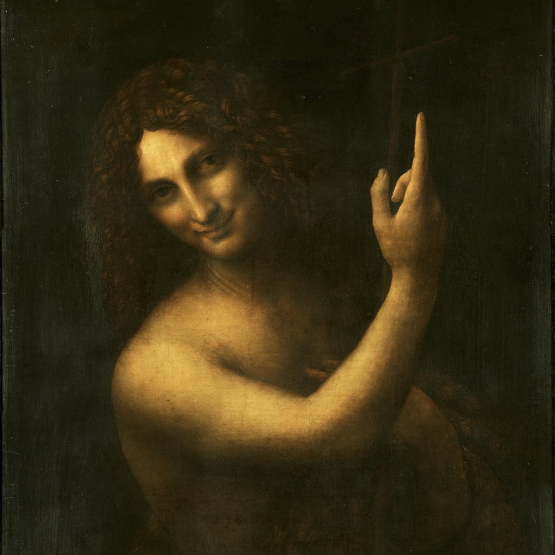 Leonardo da Vinci (1452–1519), ”Johannes Döparen”, Louvren, Paris. Fingret som pekar mot himlen förebådar Kristus. Johannes döpte Jesus och led senare martyrdöden. Leonardo da Vinci (1452–1519), ”Johannes Döparen”, Louvren, Paris. Fingret som pekar mot himlen förebådar Kristus. Johannes döpte Jesus och led senare martyrdöden.