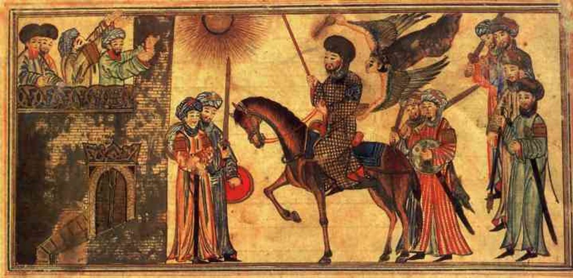 ”Muhammed tar emot Banu Nadirs underkastelse”, illustration från Jami’ al-tawarikh (tidigt 1300-tal). ”Muhammed tar emot Banu Nadirs underkastelse”, illustration från Jami’ al-tawarikh (tidigt 1300-tal).