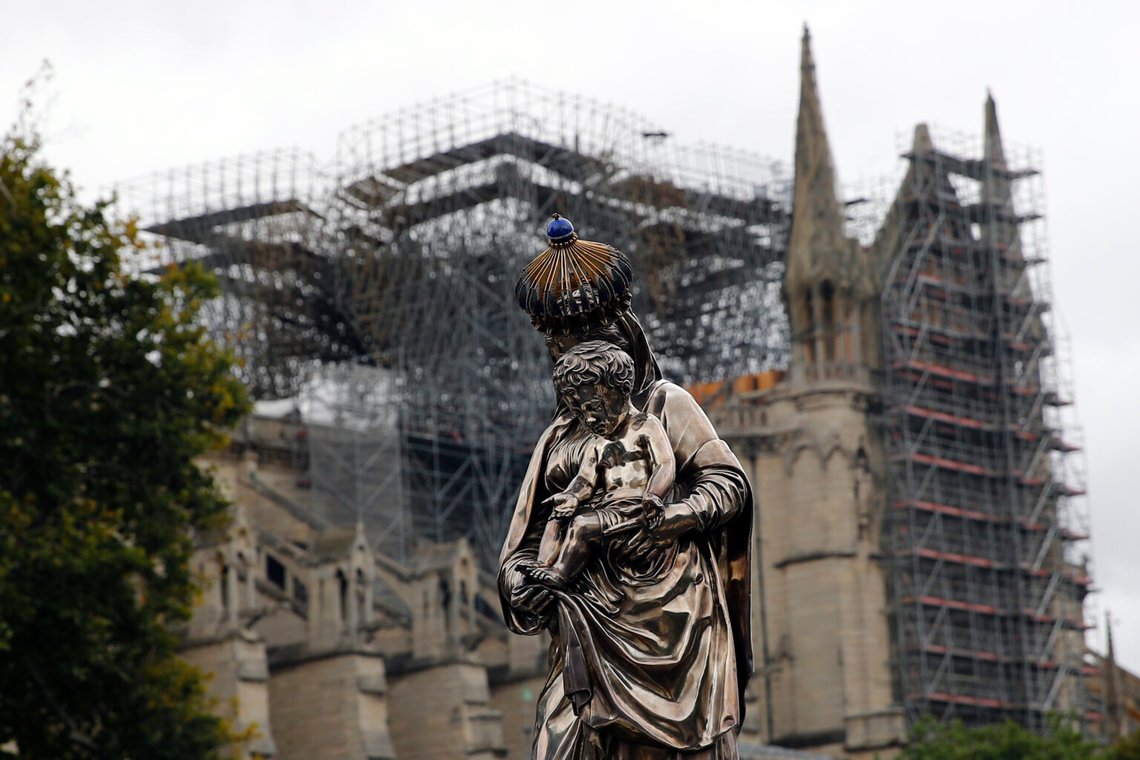 The statue of the Virgin Mary and the baby Jesus was rescued from the cathedral when Notre-Dame burned in April 2019. Photo: Francois Mori/ AP Photo The statue of the Virgin Mary and the baby Jesus was rescued from the cathedral when Notre-Dame burned in April 2019. Photo: Francois Mori/ AP Photo