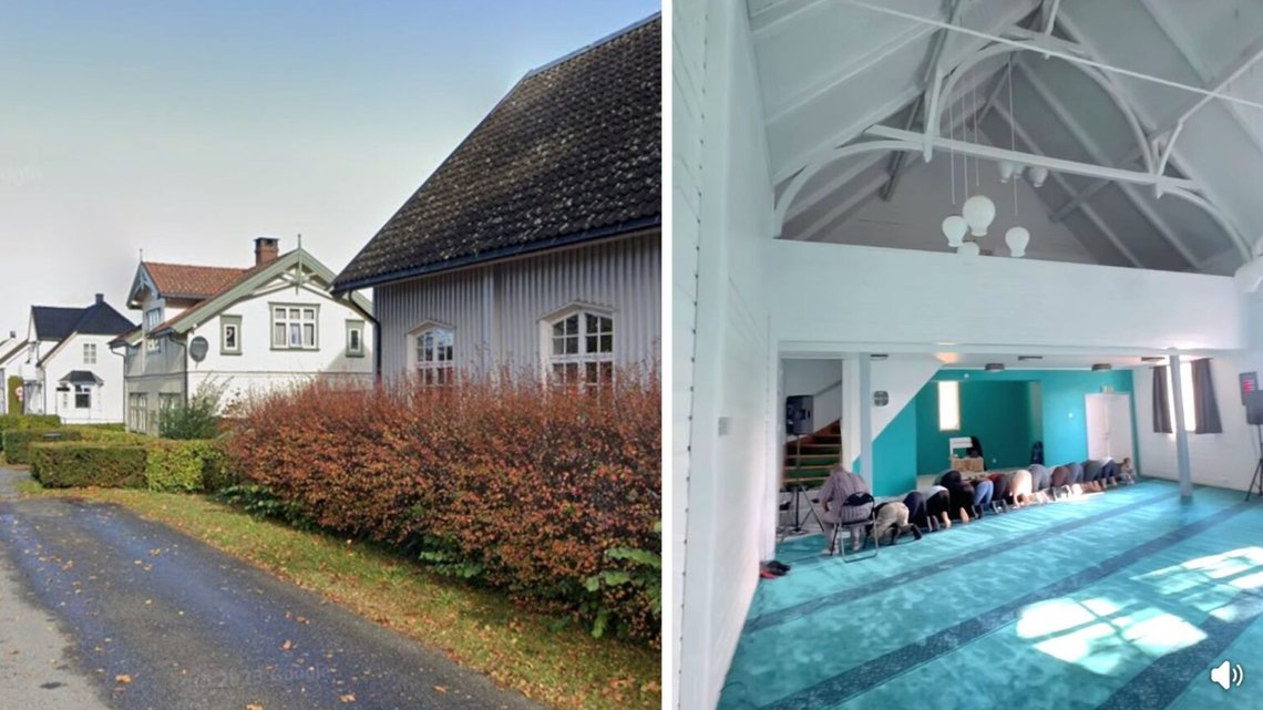 En islamisk organisation med 673 medlemmar har köpt kyrkobyggnaden Vestre Porsgrunn (byggnaden till höger i bilden) för 3,5 miljoner kronor och omvandlat den gamla byggnaden till en moské. Den andra bilden visar byggnaden som används av de nya ägarna. Foto: Skärmdump från Facebook/Google Street View. En islamisk organisation med 673 medlemmar har köpt kyrkobyggnaden Vestre Porsgrunn (byggnaden till höger i bilden) för 3,5 miljoner kronor och omvandlat den gamla byggnaden till en moské. Den andra bilden visar byggnaden som används av de nya ägarna. Foto: Skärmdump från Facebook/Google Street View.
